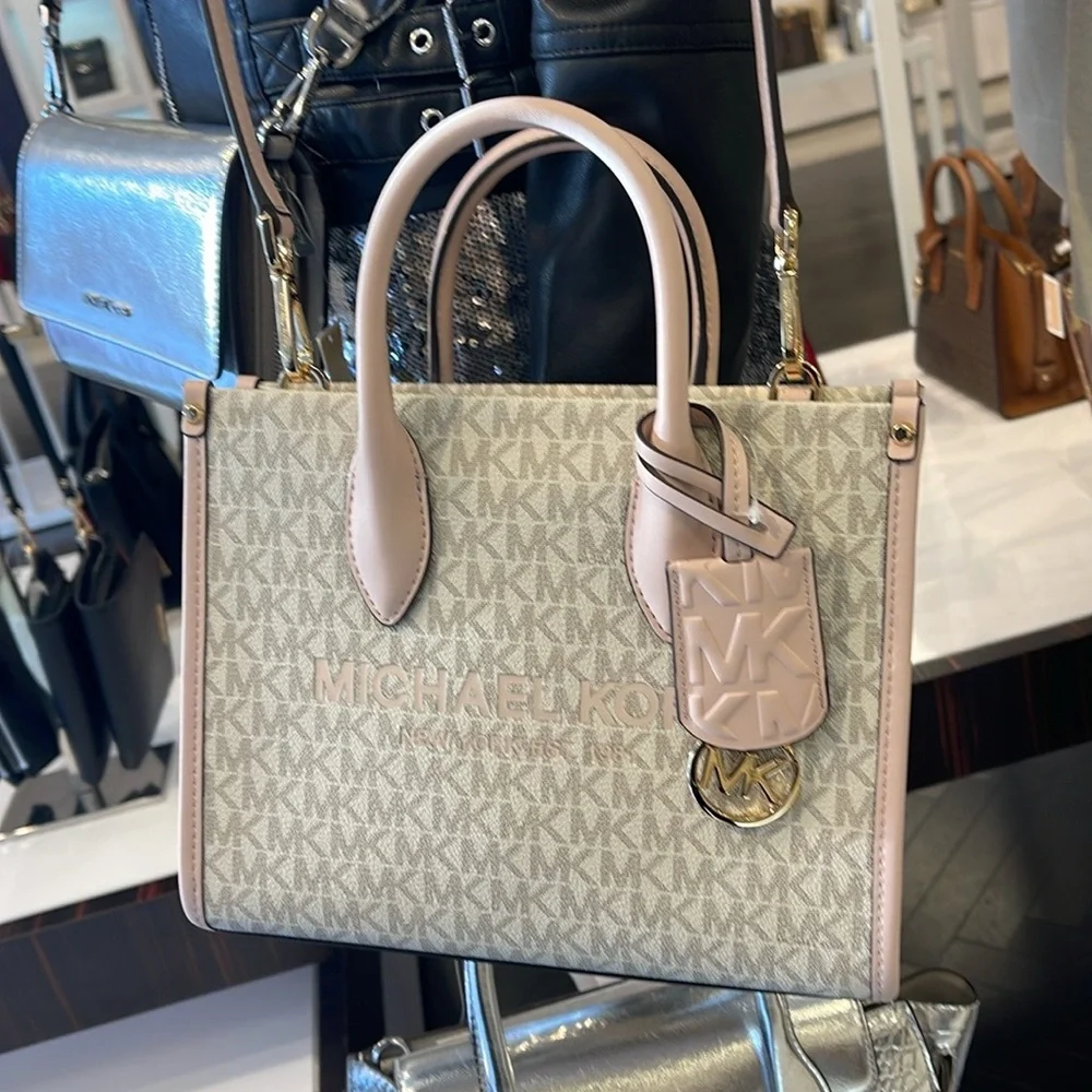 Michael Kors Mirella Small Shopper Top Zip Crossbody Bag Powder Blush Multi Logo